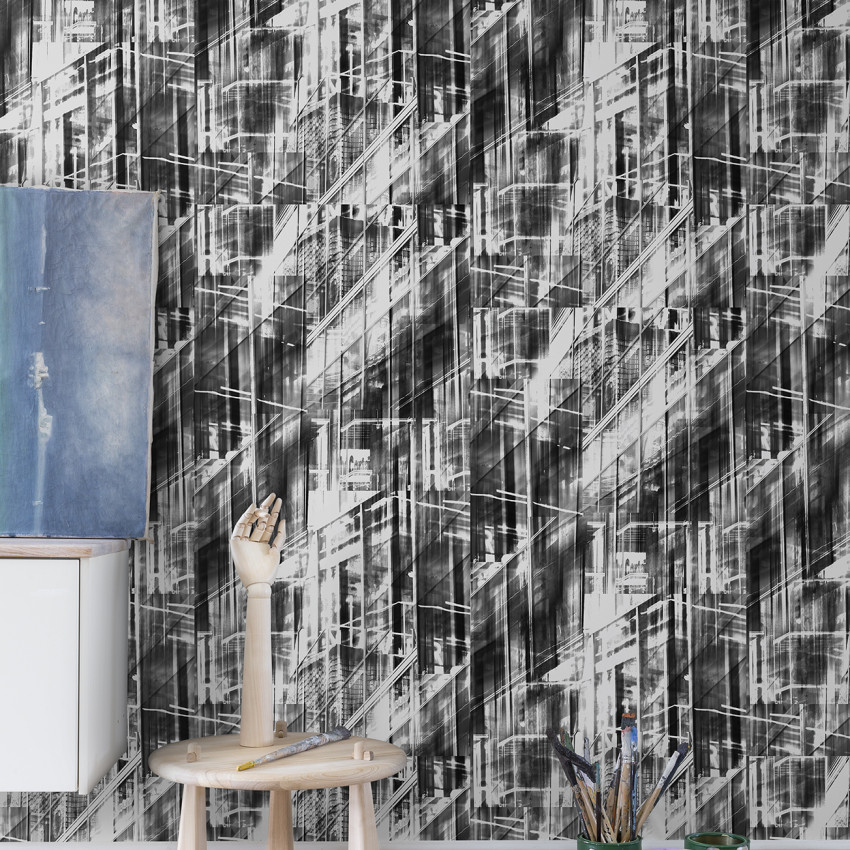 Wallpaper abstract Neon City, Black, cu design urban in tonuri de gri si negru.