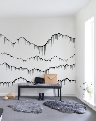 Tapet 3D cu design modern, efect de picături negre pe fundal alb