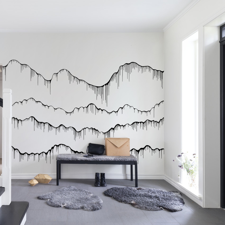 Tapet 3D cu design modern, efect de picături negre pe fundal alb