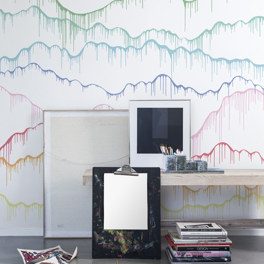 Tapet 3D cu un design abstract unic, cu picături de vopsea multicolore.