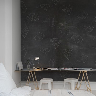 Tapet geometric cu fundal negru si accente albe pe baza de creta