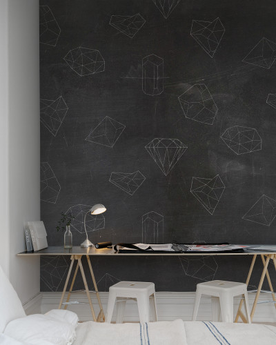Tapet geometric cu fundal negru si accente albe pe baza de creta