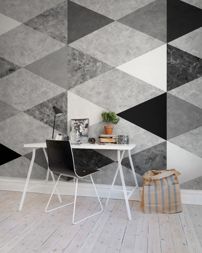 Tapet geometric abstract cu textura marmurei in culori gri, negru si alb