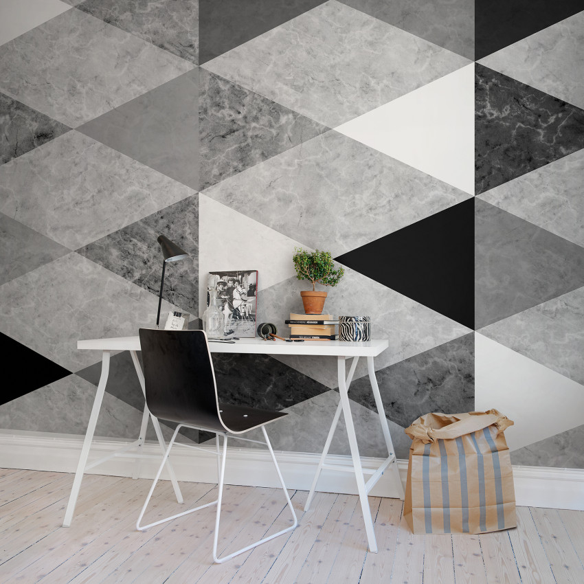 Tapet geometric abstract cu textura marmurei in culori gri, negru si alb