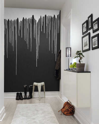 Tapet modern cu design minimalist, cu un fundal negru și picturi albe.