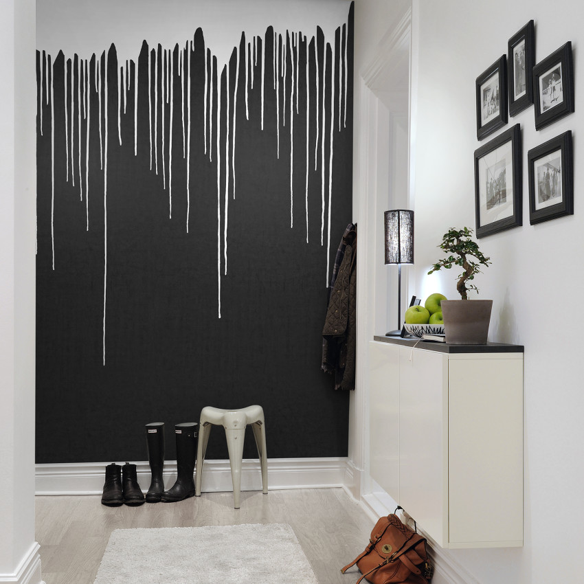 Tapet modern cu design minimalist, cu un fundal negru și picturi albe.