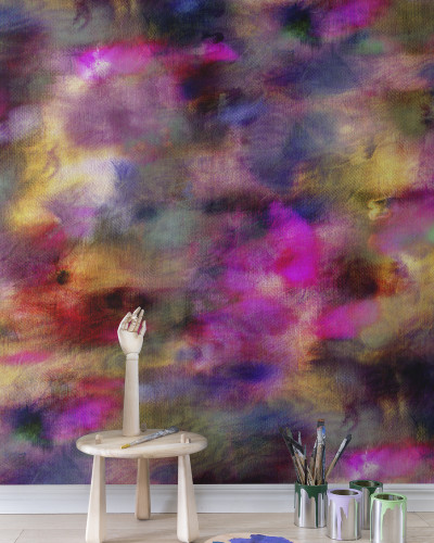 Wallpaper cu design abstract, în nuanțe de violet, roz și galben, cu textură picturală.