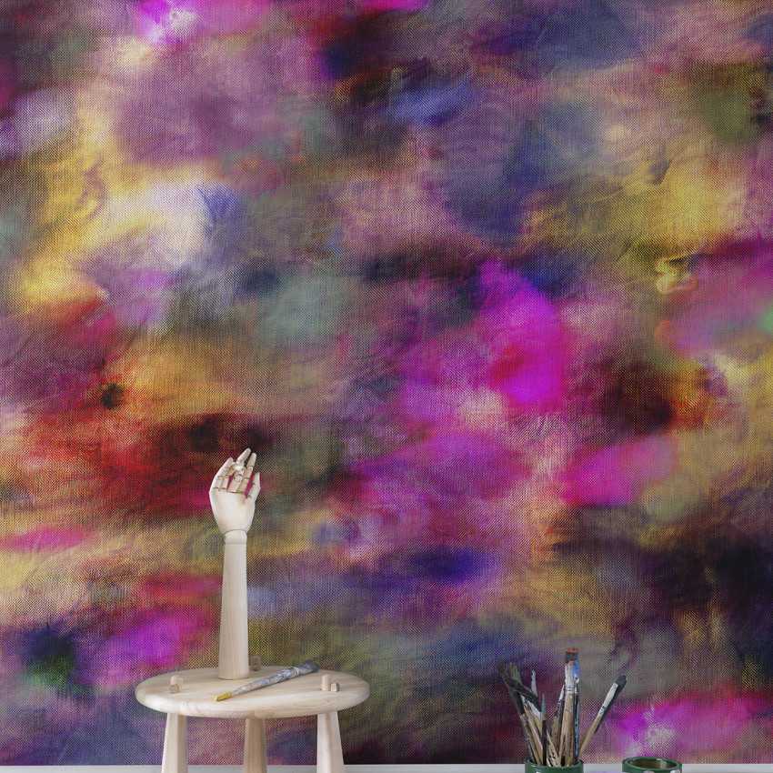 Wallpaper cu design abstract, în nuanțe de violet, roz și galben, cu textură picturală.
