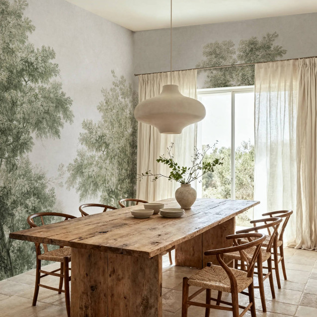 Tapet cu copaci în nuanțe de verde deschis, integrat într-o bucătărie modernă cu mobilier din lemn închis la culoare.
