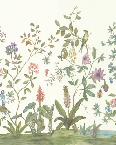 Tapet Chinoiserie cu model floral delicat, în tonuri de alb și verde.