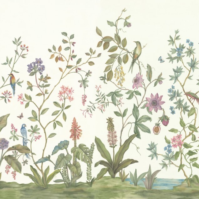 Tapet Chinoiserie cu model floral delicat, în tonuri de alb și verde.