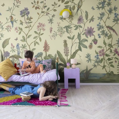 Tapet floral chinoiserie in nuante de galben