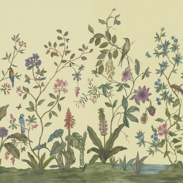 Tapet floral chinoiserie in nuante de galben