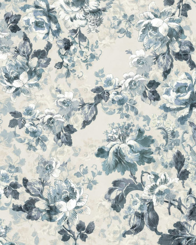 Tapet floral Roses, Blue cu flori delicate în nuanțe de albastru pe un fundal crem.