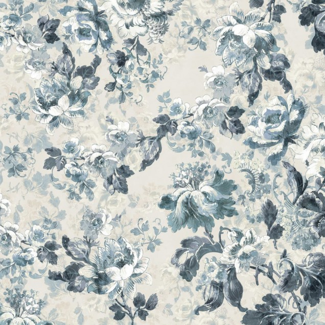 Tapet floral Roses, Blue cu flori delicate în nuanțe de albastru pe un fundal crem.
