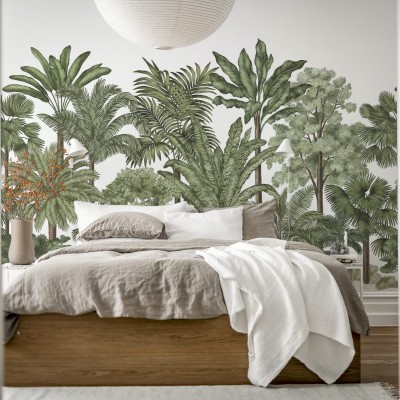 Tapet cu design tropical, cu palmieri luxurianti și frunze verzi