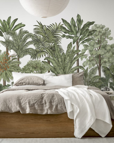 Tapet cu design tropical, cu palmieri luxurianti și frunze verzi