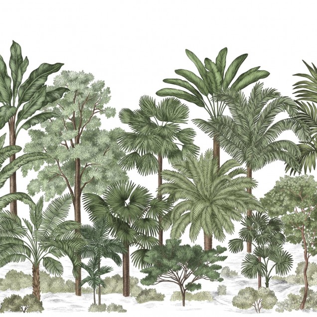 Tapet cu design tropical, cu palmieri luxurianti și frunze verzi