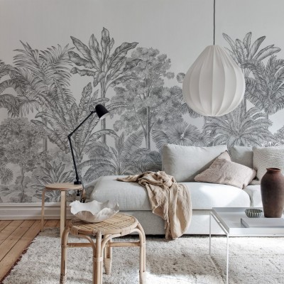 Tapet cu design tropical, palmieri, gri, desenat
