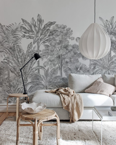 Tapet cu design tropical, palmieri, gri, desenat