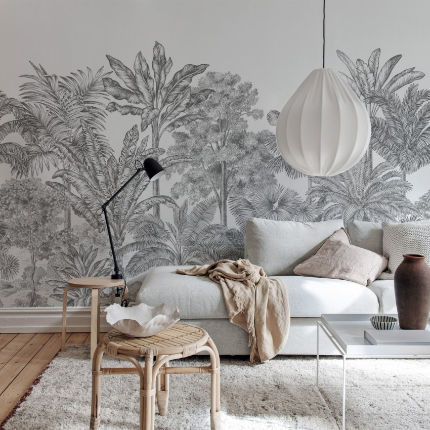 Tapet cu design tropical, palmieri, gri, desenat