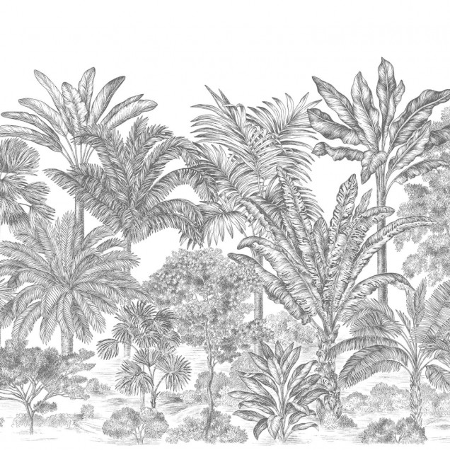 Tapet cu design tropical, palmieri, gri, desenat