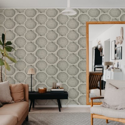 Tapet cu design clasic de scoici, in nuante neutre, potrivit pentru diverse stiluri de decor.