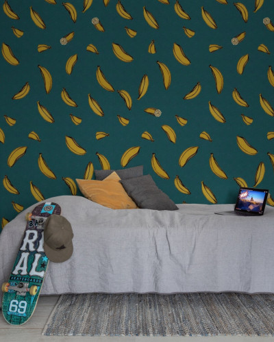 Wallpaper cu banane galbene pe un fundal verde
