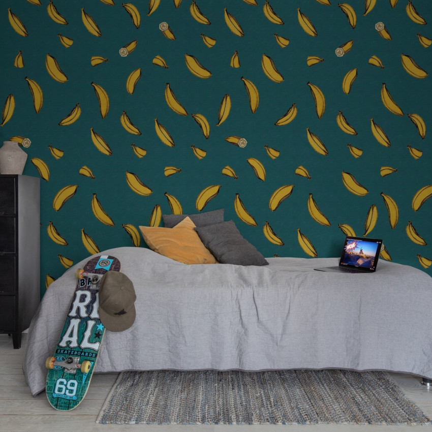 Wallpaper cu banane galbene pe un fundal verde