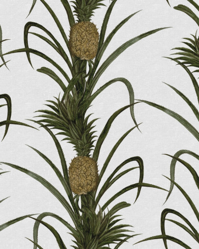 Tapet Pineapple cu ananas tropical și frunze verzi pe un fundal alb.