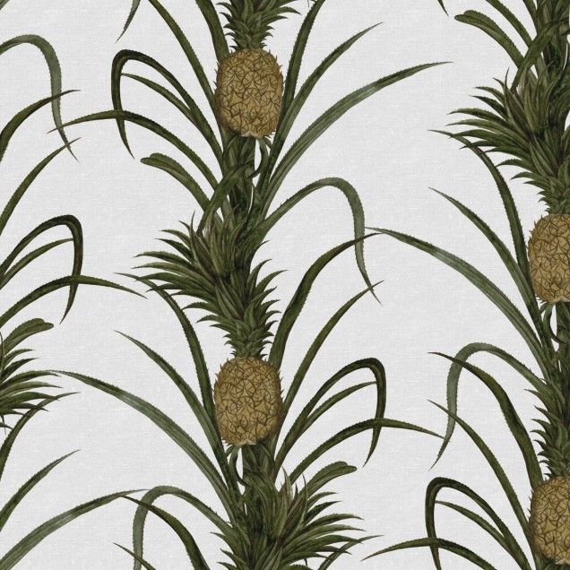 Tapet Pineapple cu ananas tropical și frunze verzi pe un fundal alb.