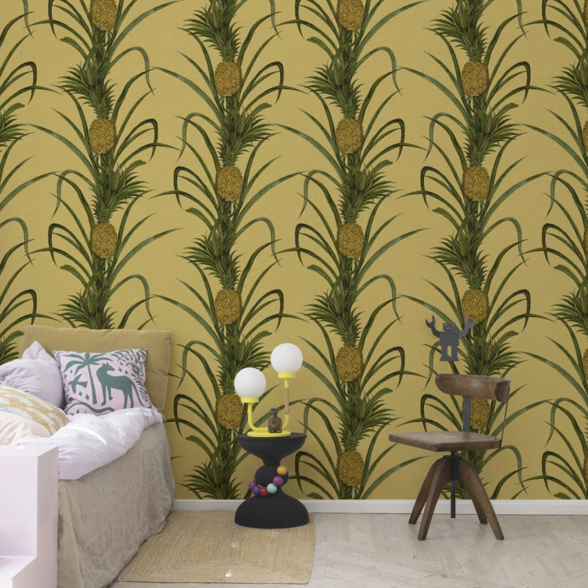 Tapet Pineapple, Sunshine cu ananas pe fundal galben