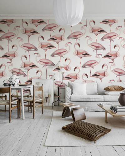 Tapet cu flamingos roz pe un fundal alb