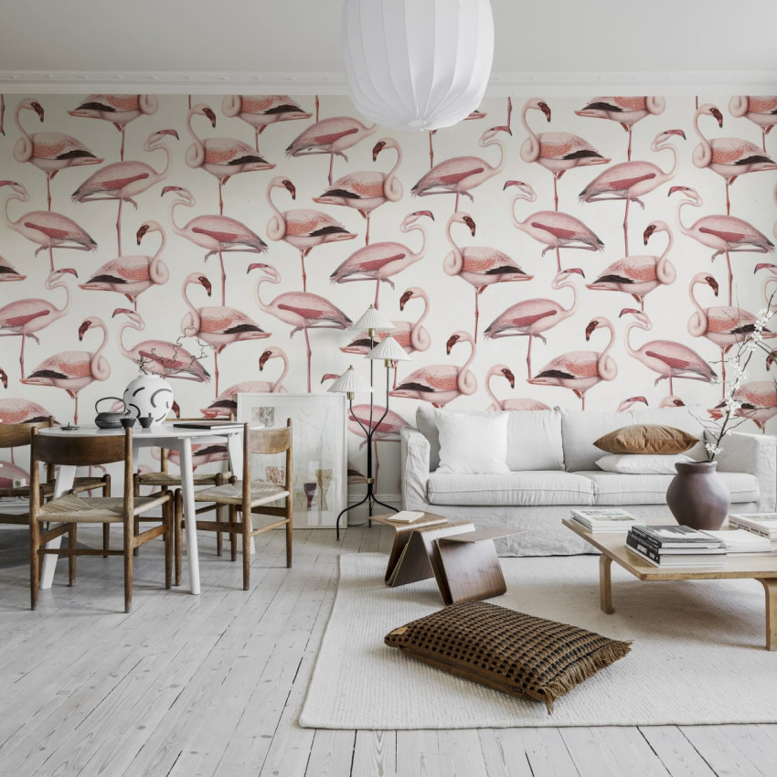 Tapet cu flamingos roz pe un fundal alb