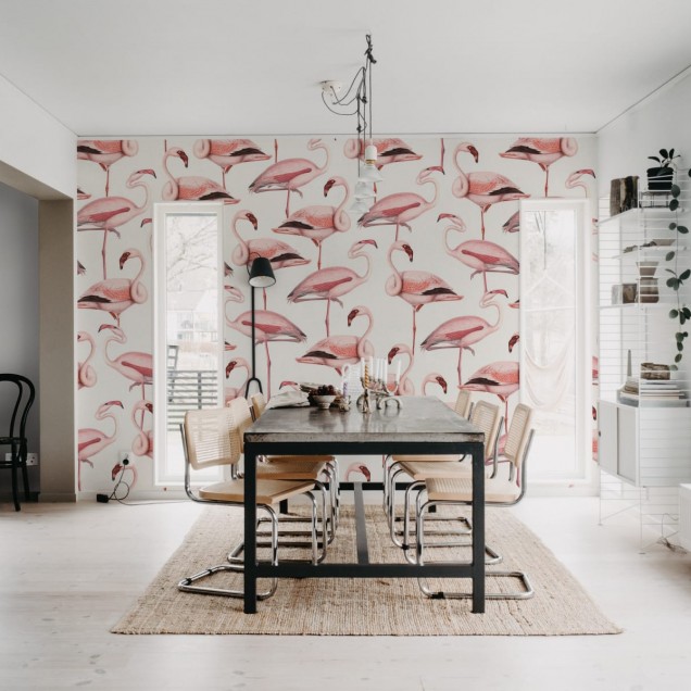 Tapet cu flamingos roz pe un fundal alb