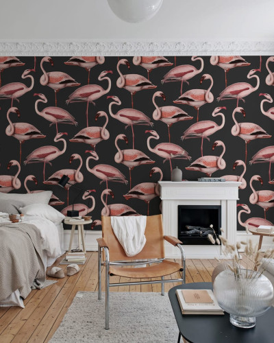 Tapet cu flamingo roz pe un fundal întunecat