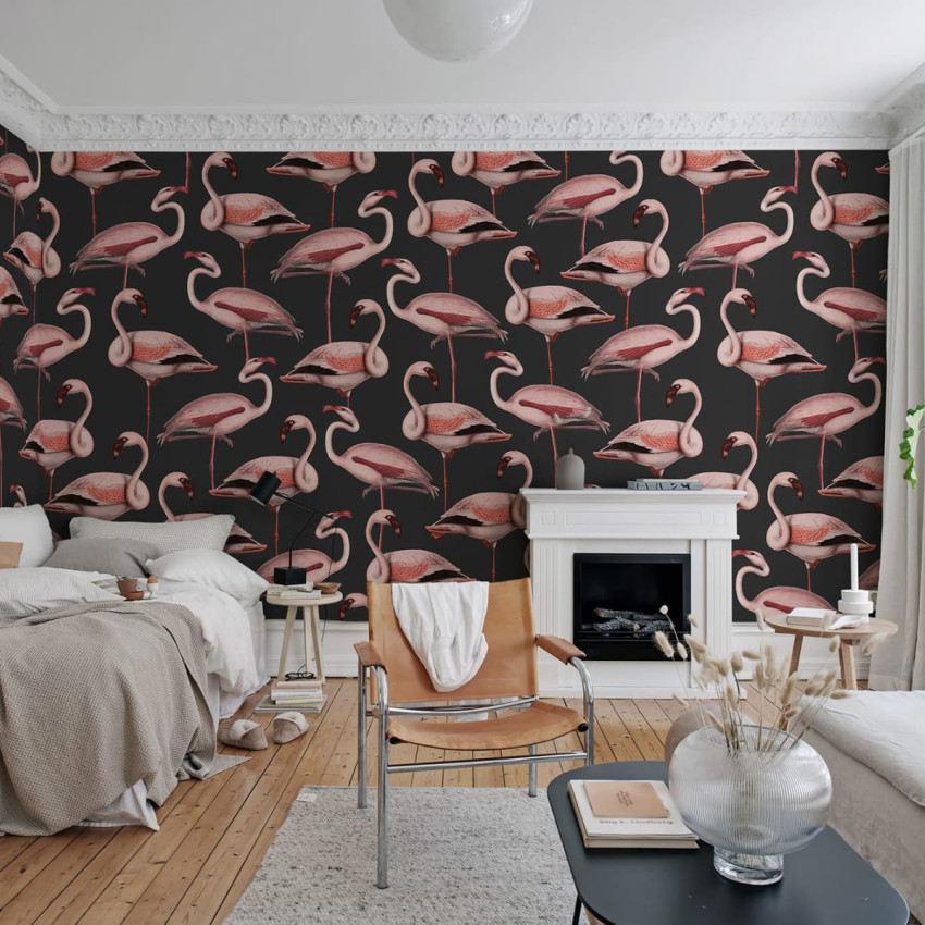 Tapet cu flamingo roz pe un fundal întunecat