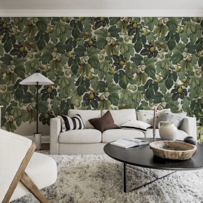 Tapet cu frunze de smochin și fructe, design botanic vibrant