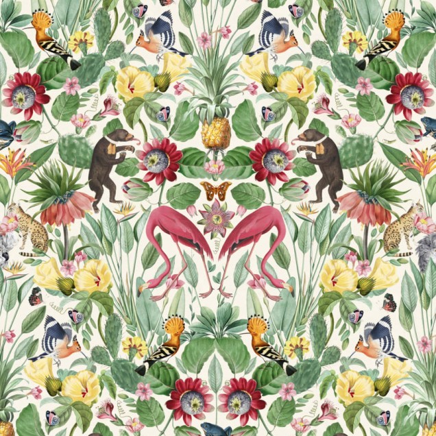 Tapet cu design exotic Whimsical Jungle, Day, cu flamingo roz, maimuțe joviale, păsări colorate și flori tropicale.