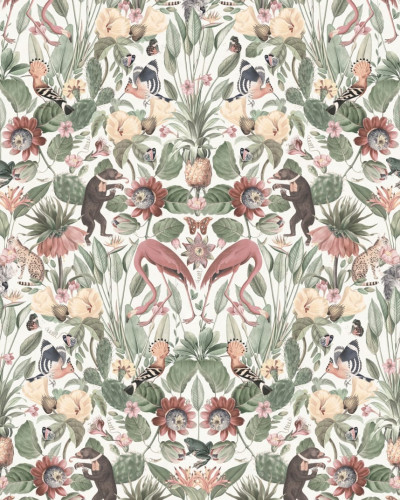 Tapet Whimsical Jungle - Pastel, cu fluturi, papagali, flamingo roz și plante tropicale.