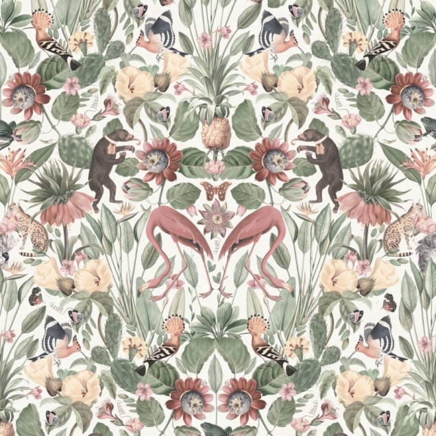Tapet Whimsical Jungle - Pastel, cu fluturi, papagali, flamingo roz și plante tropicale.