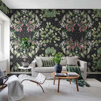 Tapet cu flori Lotus, negru - Design delicat cu flori roz și frunze verzi pe fond negru