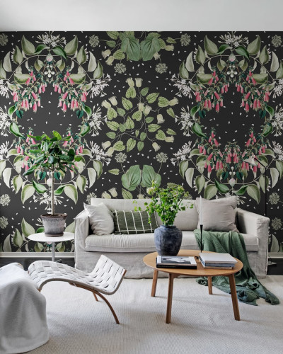 Tapet cu flori Lotus, negru - Design delicat cu flori roz și frunze verzi pe fond negru