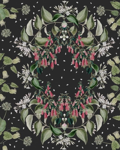 Tapet cu flori Lotus, negru - Design delicat cu flori roz și frunze verzi pe fond negru