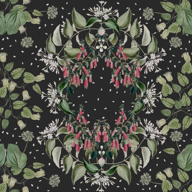 Tapet cu flori Lotus, negru - Design delicat cu flori roz și frunze verzi pe fond negru