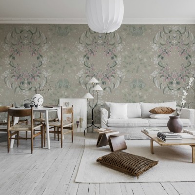 Tapet floral cu model Lotus, Clay, cu flori roz si frunze verzi pe un fundal bej