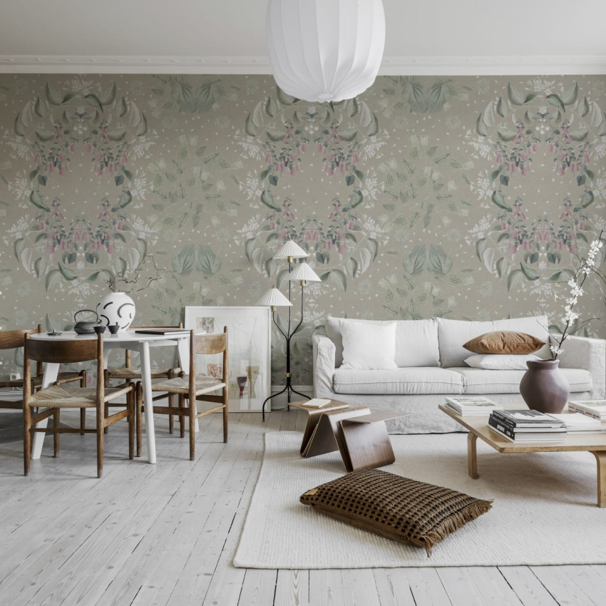 Tapet floral cu model Lotus, Clay, cu flori roz si frunze verzi pe un fundal bej