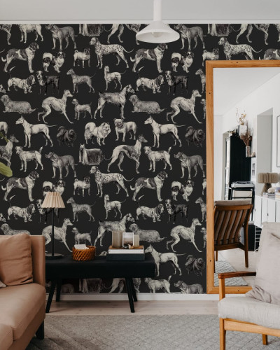 Tapet cu design clasic, negru și alb, decorat cu o mulțime de rase de câini desenate în stil vintage.