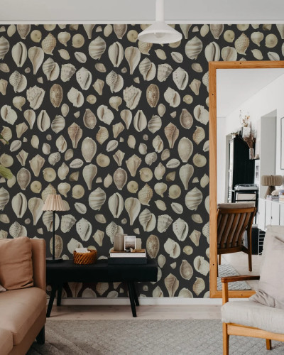 Tapet Ocean Shells, Graphite, cu scoici marine pe un fundal gri antracit