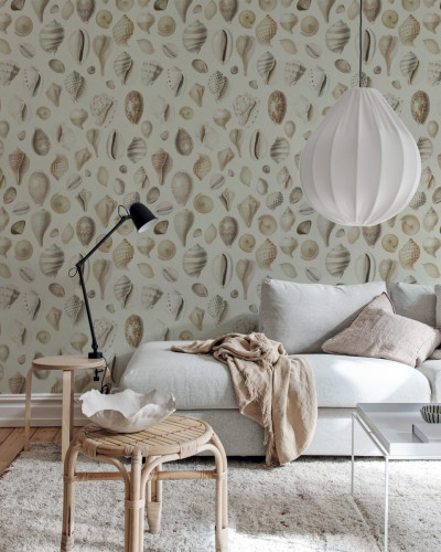Tapet cu scoici de mare pe un fundal crem, Ocean Shells, Sand.